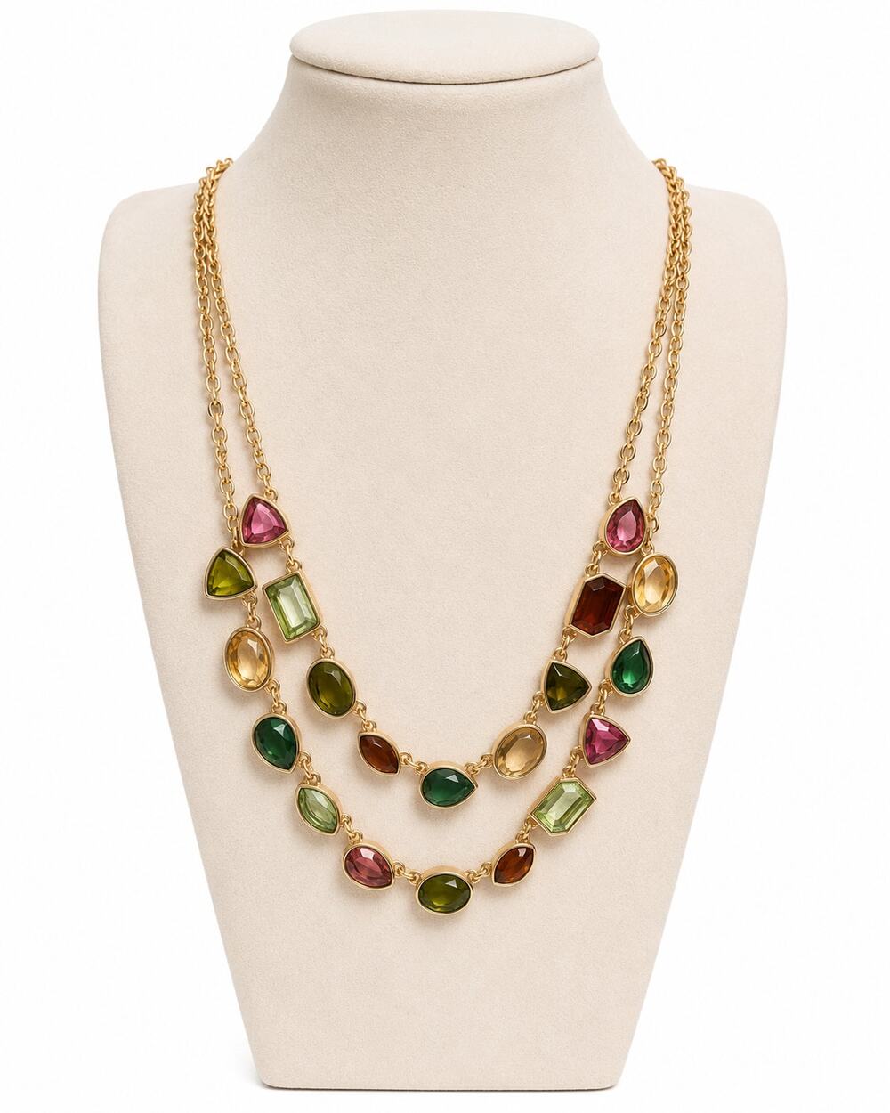 Gold Tone Double Strand Faceted Crystal Statement Necklace 19" Multicolor Bib